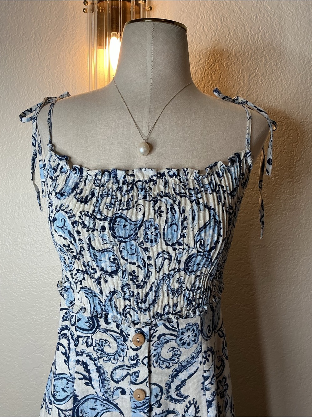 Zara White and Blue Paisley Maxi Dress with Smocked Bodice - Picture 2 of 10